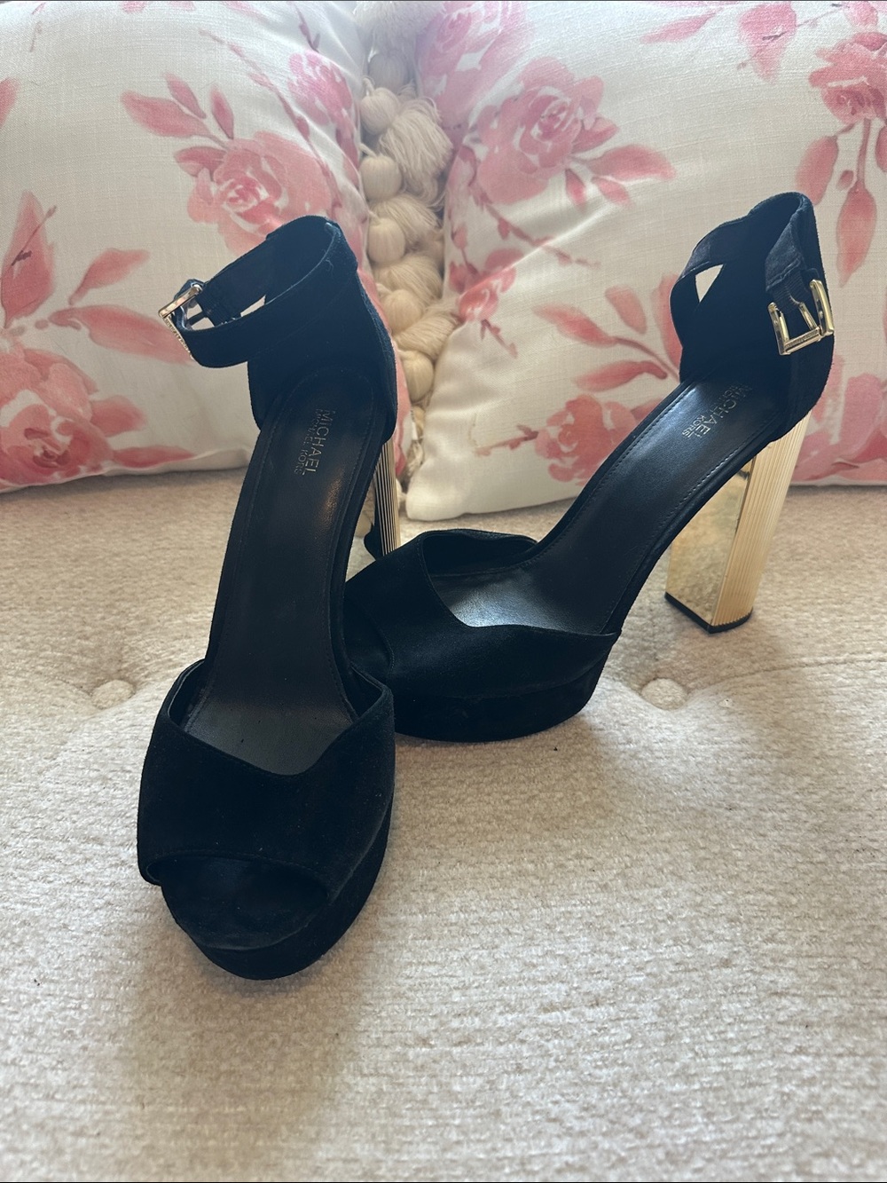 Michael Kors Black Suede Platform Ankle-Strap Heels with Gold Block Heel Accent